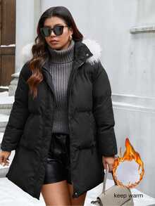 Easura Plus Size Warm Faux Fur Patchwork Hooded Padded Coat With Pockets - Black - View 8