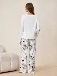 LOONEY TUNES X SHEIN Looney Tunes TWEETY Black & White Line Cartoon Character Print Long Sleeve & Long Pants Pajama Set - White - View 2