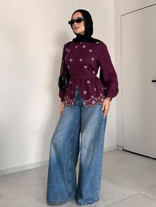Feyla Women's Floral Embroidered Pattern Casual Daily Wear Shirt - Burgundy - View 6