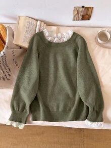 Story & Sage 女款刺繡立領落肩長袖休閒毛衣 秋冬休閒棕色毛衣 女款外出穿搭荷葉邊蕾絲飾邊毛衣 - 軍綠色 - 查看 5