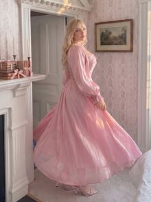 Lyrianda French Square Neck Pleated Solid Color Shiny Dress For Women, Puff Tie Long Sleeve Full Skirt Princess Style Dress - Pink - View 4