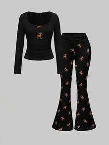 ROMWE J-Fashion 可愛鹿圖案刺繡蕾絲上衣搭配鹿圖案喇叭褲，秋冬款 - 黑色 - 查看 8