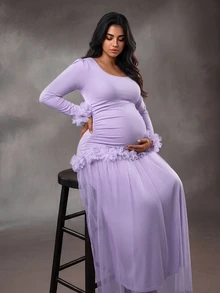 Cheriluna Maternity فستان حفلة أنيق للحوامل بمقاسات كبيرة مع تصميم زهور ثلاثي الأبعاد، أكمام طويلة مع أساور مجعدة، رقبة مربعة، خصر مجعد، حافة شبكية مزدوجة الطبقة، فستان من قماش بنفسجي - ارجواني فاتح - مشاهدة 4