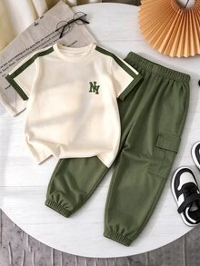 小男孩極簡圖案短袖圓領T恤與長褲2件套 春秋冬夏季街頭風 生日綠色 - 軍綠色 - 查看 3