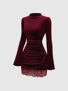 Sweetra Women's Spicy Style Semi-High Neck Flare Sleeve Ruched Bodycon Lace Trim Dress - Burgundy - View 2