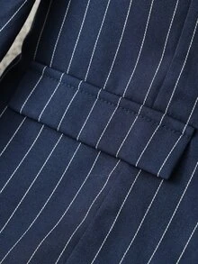 GlowEve New Women's Elegant Commute Blue Striped Button Design Top + Wide Leg Long Pants 2 Pieces Set - Navy Blue - View 4