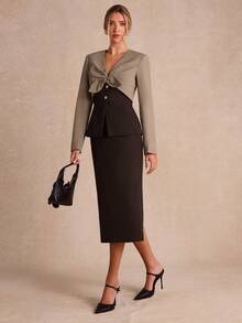 Enchnt Premium Winter Romantic Women's Elegant Brown Color-Blocked Suit Jacket And Skirt Set,Work Outfits,Going Outfits,Formal Outfits,Office Outfit - Brown - View 2