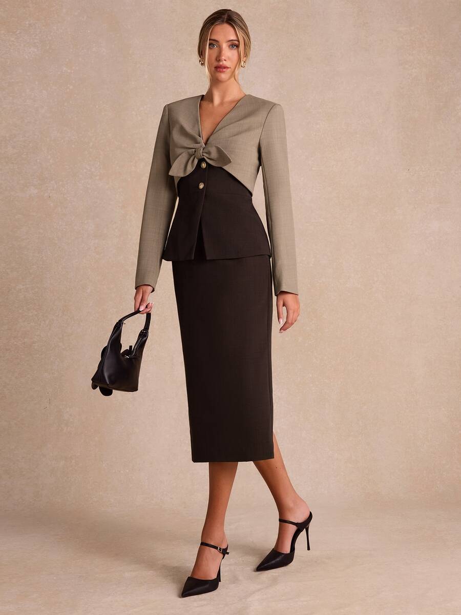 Enchnt Premium Winter Romantic Women's Elegant Brown Color-Blocked Suit Jacket And Skirt Set,Work Outfits,Going Outfits,Formal Outfits,Office Outfit
