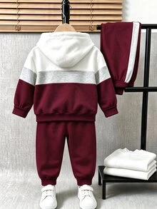 2件組青少年男孩時尚簡約舒適連帽衛衣與運動長褲，簡單拼接小馬印花設計，適合假期派對、休閒穿著，男孩春/秋/冬首選，街頭風休閒套裝，返校穿搭 - 彩色 - 查看 2
