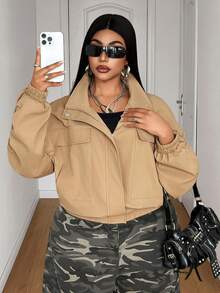 Maweii Plus Size American Style Short Khaki Casual Streetwear Utility Jacket - Khaki - View 5