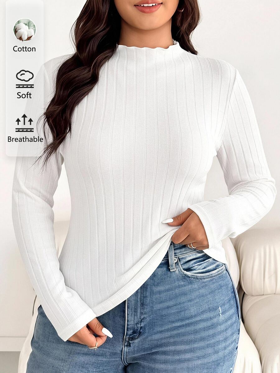Shapeblank 大尺碼女款秋冬時尚休閒高彈性舒適日常紋理布料半高領杏色長袖修身T恤-基礎上衣,適合秋季與戶外穿著 - 白色 - 查看 1