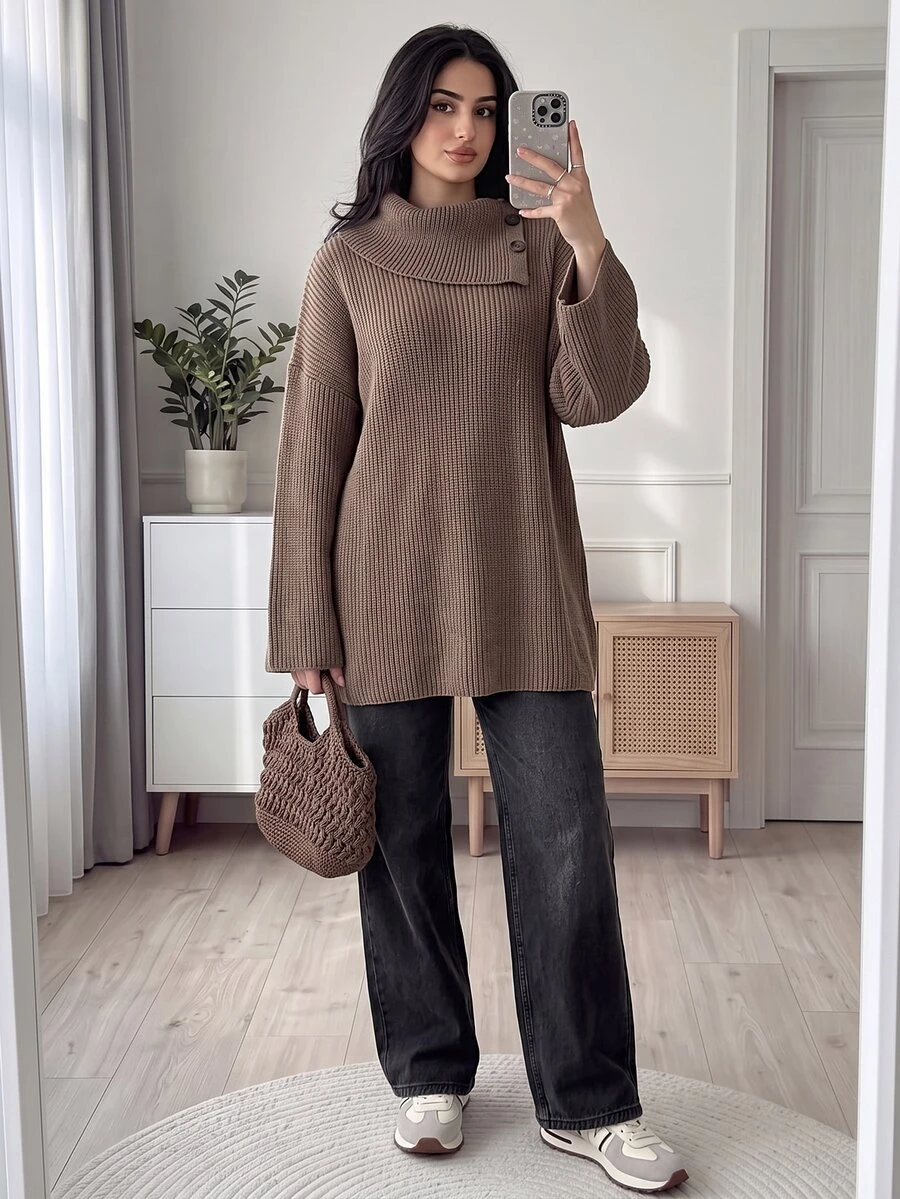 Solavon Women's Shawl Collar Long Sleeve Mid-Length Loose Casual Sweater - Brown - View 1