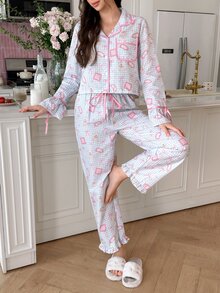 SweetSlumber Women's Sweet Cute Bear Plaid Print Colorblock Collar Pajama Set - Multicolor - View 3