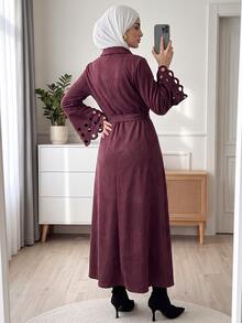 Solavon Women's Solid Color Button Front Hollow Out Casual Fashion Shirt Collar Long Sleeve Arabian Dress - Burgundy - View 5