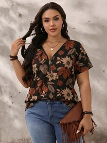Comfylo Thanksgiving Teacher's Day Fallen Maple Leaf Pattern Plus Size Women's V-Neck Half-Zip Short Sleeve T-Shirt - Suitable For Commuting, Formal Occasions, Autumn/Winter New Arrival - Multicolor - View 5
