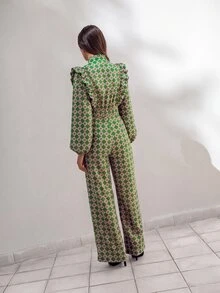 Nöista Geometric Print Ruffle Trim Jumpsuit - Green - View 5