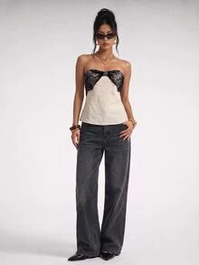 SHEIN PETITE Summer New Lace Patchwork Sleeveless Bandeau Top For Women - Apricot - View 4