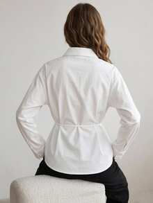 Dazy-Less Women's White Collared Button Long Sleeve Loose Casual Commute Versatile Elegant Blouse, Autumn/Winter - White - View 3