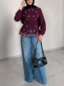 Feyla Women's Floral Embroidered Pattern Casual Daily Wear Shirt - Burgundy - View 4