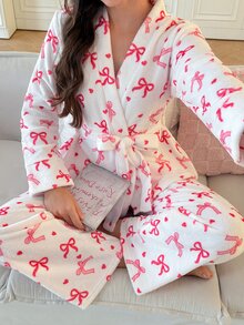 SweetSlumber Women's Cute Bow Plush Pajama Set, Contrast Color Romantic French Style Sleepwear Set, Autumn/Winter - Multicolor - View 3
