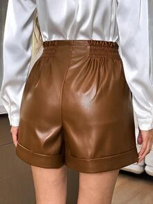 Easowa 女款 PU 斜口袋短褲，休閒性感寬鬆優雅通勤老錢風，夏季/日常外出夜色黑色 - 棕色 - 查看 2