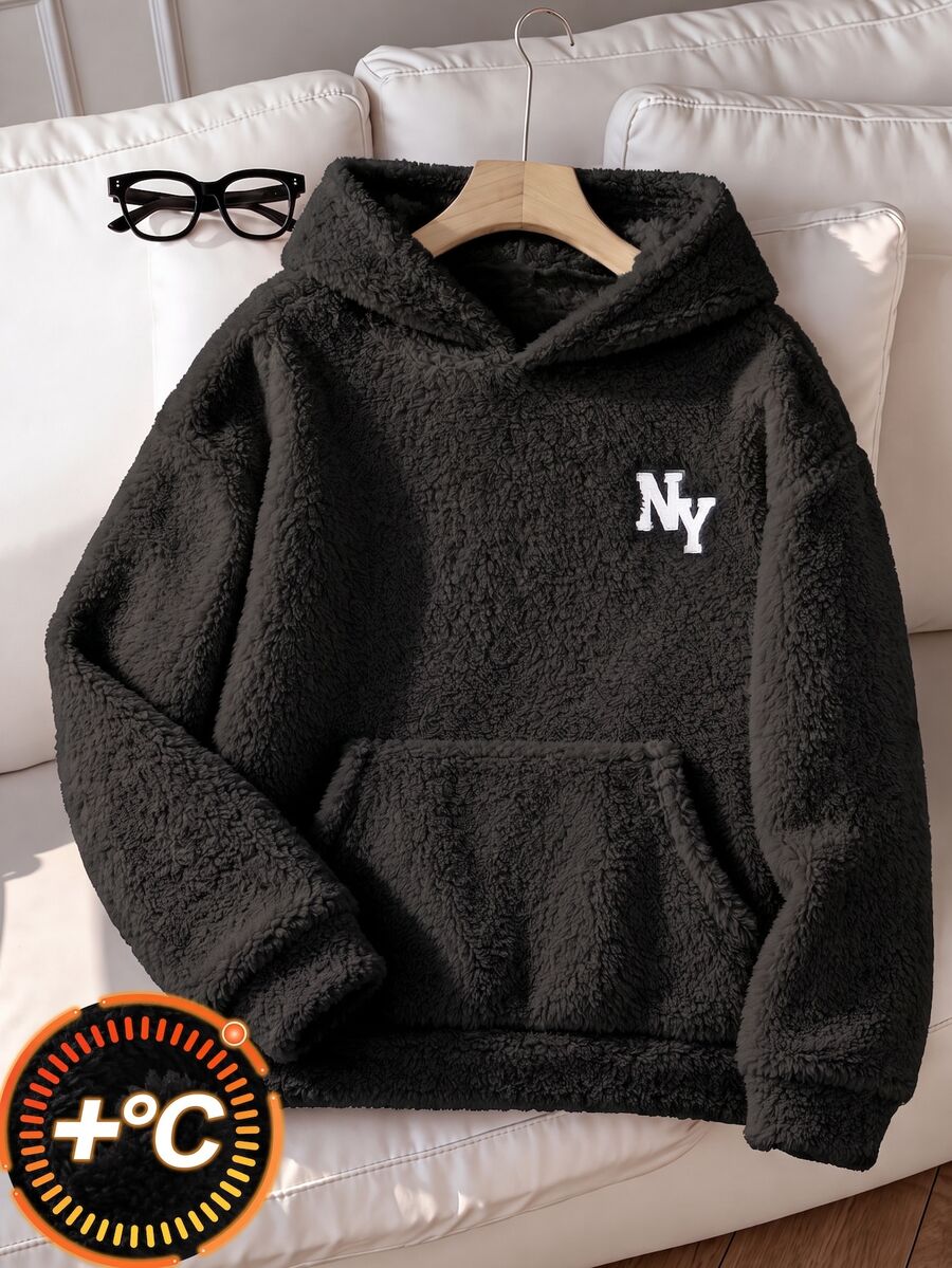 SHEIN Vacaura 青少年男孩秋冬款毛絨連帽衛衣,美式NY字母刺繡,加厚珊瑚絨套頭衫,袋鼠口袋寬鬆休閒上衣,適合日常穿著與外出穿搭的百搭衛衣 - 黑色 - 查看 1