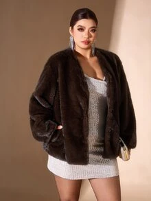 Cravure Plus Size Vintage Elegant Long Sleeve Faux Fur Coat Winter - Coffee Brown - View 5