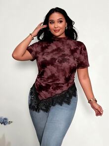 Firerie Casual Romantic Tie-Dye Print Plus Size Short Sleeve Lace Coffee Brown T-Shirt, Suitable For Summer, Music Festivals,Spring - Multicolor - View 3