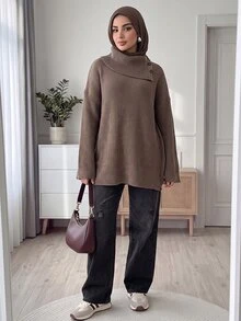 Solavon Women's Shawl Collar Long Sleeve Mid-Length Loose Casual Sweater - Brown - View 4