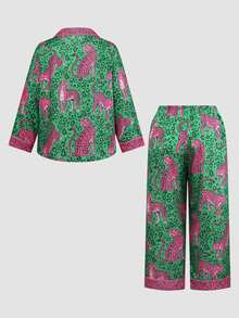 Chillnights Young Colorblock Leopard Print Collared Woven Plus Size Pajama Set - Green - View 2