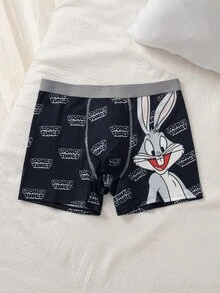 LOONEY TUNES X SHEIN سروال داخلي رجالي بنمط رسوم كرتونية وحروف، مريح وعصري وكاجوال - الأسود - مشاهدة 3