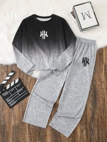 SHEIN 青少年男孩休閒字母與漸層印花長袖上衣＋長褲 2 件套居家服，兄弟姊妹家庭套裝 - 彩色 - 查看 1