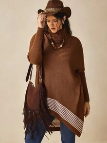 Nubod Plus Size Women's Knit Colorblock Long Sleeve Turtleneck Batwing Sweater, Comfortable Casual - Brown - View 1