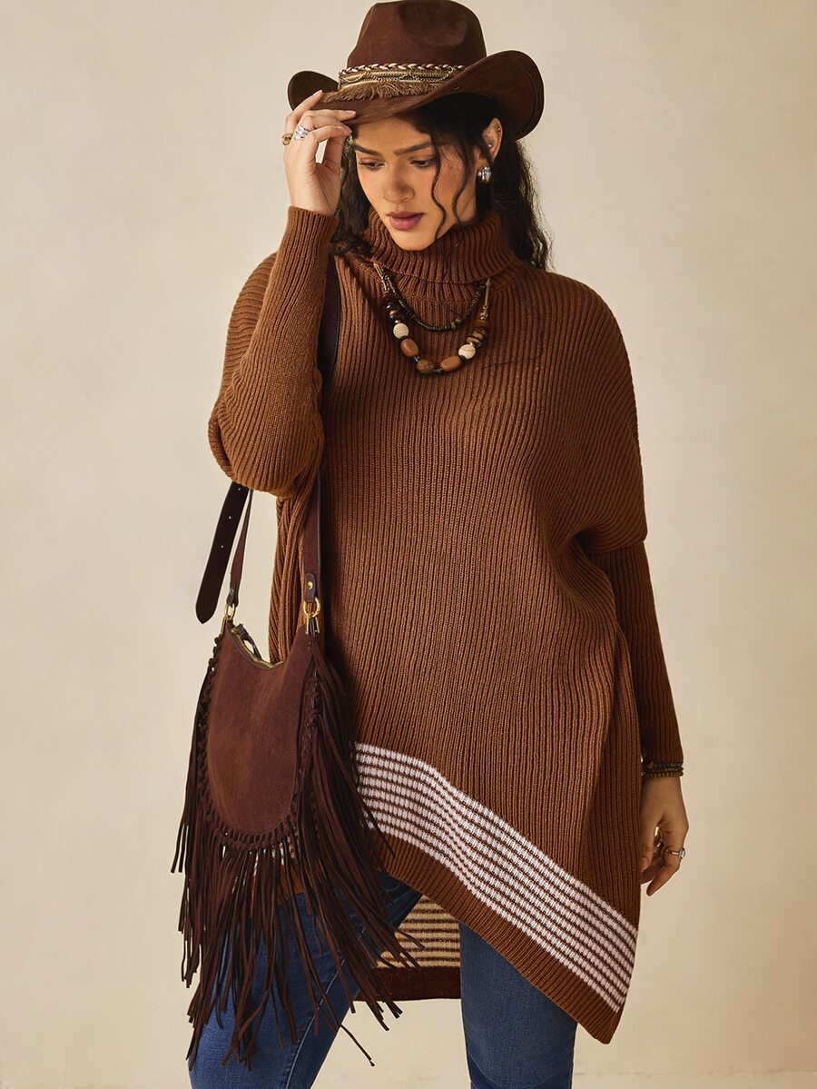 Nubod Plus Size Women's Knit Colorblock Long Sleeve Turtleneck Batwing Sweater, Comfortable Casual - Brown - View 1