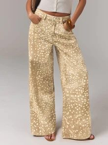 Athîral Denim Women's Casual Versatile All-Over Print Button Pocket Denim Long Pants For Daily Outings - Beige - View 1