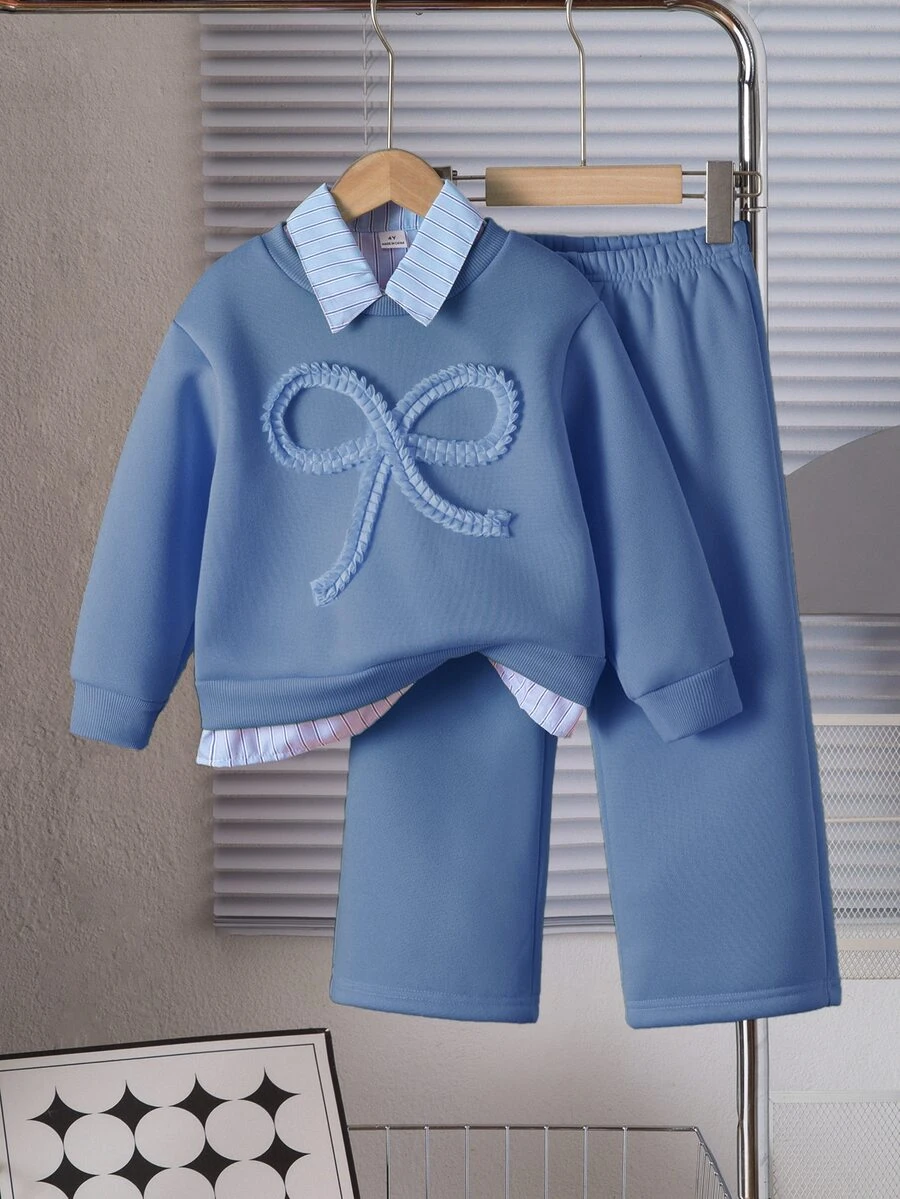 SHEIN 女童蝴蝶結刺繡 2 件套海軍藍仿分層條紋領長袖衛衣與寬腿褲套裝,返校休閒穿搭 - 藍色 - 查看 1