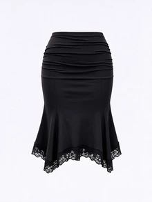 Sweetra Women's Plus Size Mermaid Tail Lace Patchwork Skirt, Suitable For Night Out, Holiday, Home, Daily, Birthday Party, Date - Black - View 1