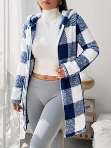SHEIN EZwear 格紋毛絨女款長袖連帽休閒外套 秋冬款 - 寶藍色 - 查看 1