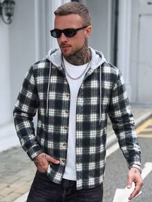 Manfinity Homme Men's Plus Size Plaid Hooded Overcoat - Black - View 3