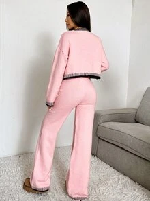CovetEZ 2件組女款純色拼接前扣長袖休閒毛衣與長褲套裝，秋季女裝 - 淺粉色 - 查看 2