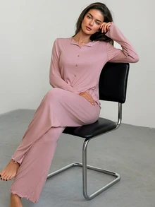 DAZY Women's Solid Color Single-Breasted Long Sleeve Top And Pants Pajama Set - Pink - View 5