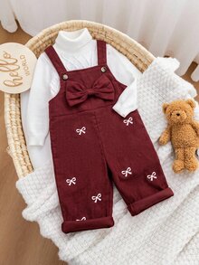 Baby Girl Casual Jumpsuit With Suspenders, Buttons And Bowknot Decoration - Red - View 5