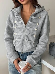 DAZY Vintage Napoleon Court Style Distressed Button Hooded Sweatshirt - Grey - View 1