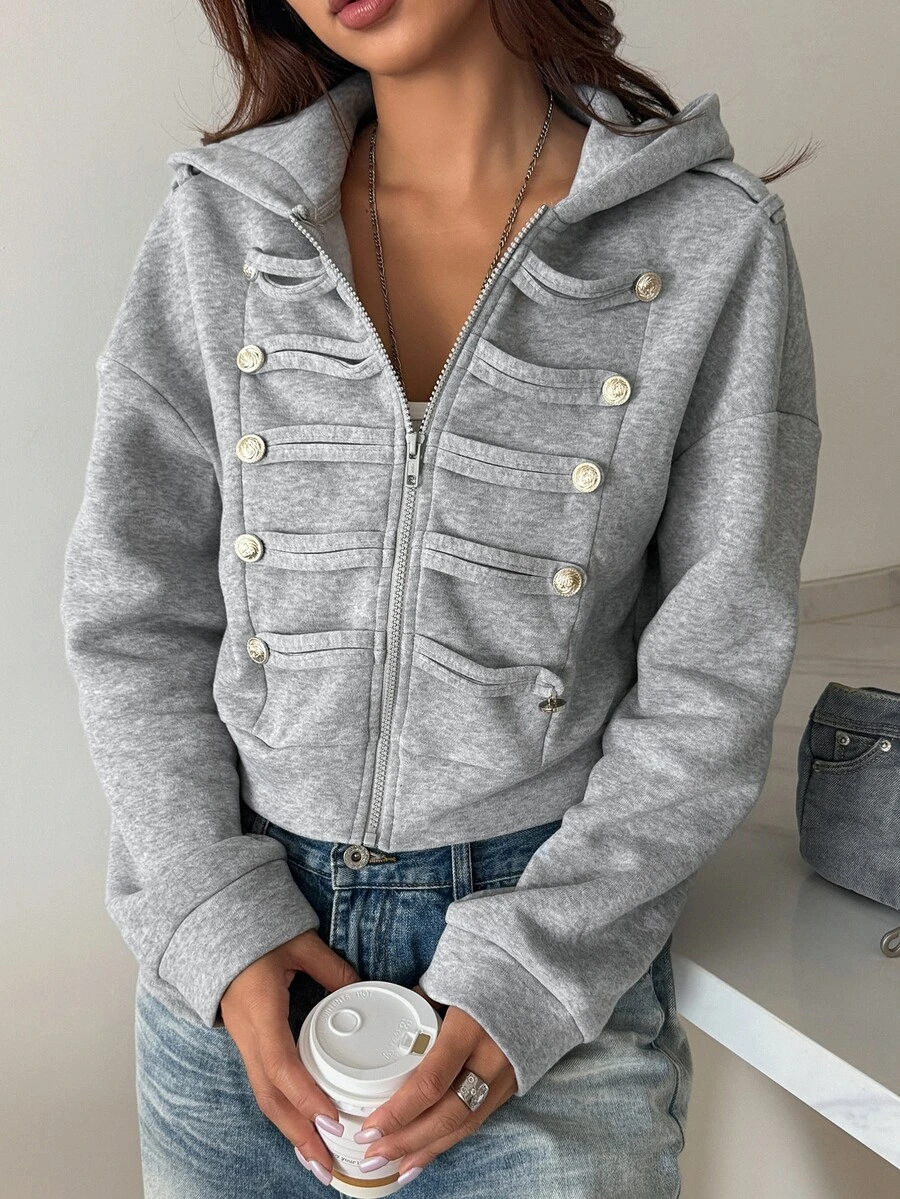 DAZY Vintage Napoleon Court Style Distressed Button Hooded Sweatshirt - Grey - View 1