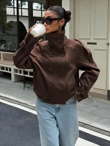 Muchica 女款純色立領休閒百搭日常通勤風衣外套 工作日常穿搭 淺灰色 秋季 - 棕色 - 查看 1