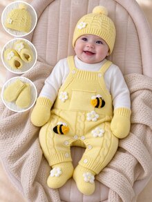 SHEIN Baby Girl Ribbed Knit Jumpsuit & Hat Without Tee Autumn Winter - Yellow - View 1