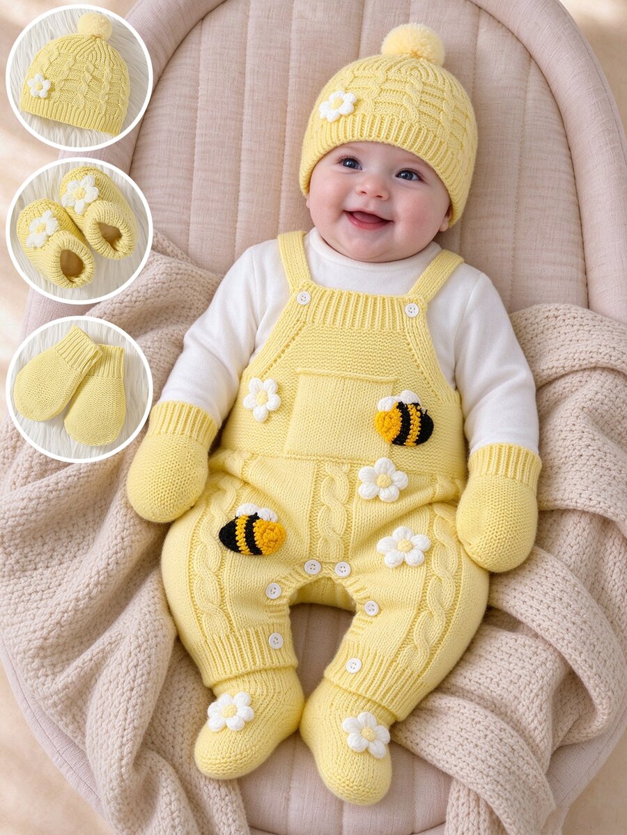 SHEIN Baby Girl Ribbed Knit Jumpsuit & Hat Without Tee Autumn Winter - Yellow - View 1