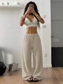 Coolane 女款四季通用紋理基本款保暖度假沙灘風優雅杏色寬鬆抽繩腰流暢哈倫褲 聚酯纖維寬腿運動長褲 - 杏色 - 查看 3