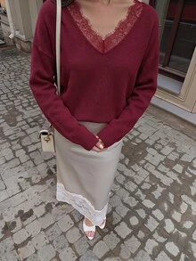 Briarwyn 秋冬優雅法式純色V領蕾絲拼接針織衫，適合早午餐、日間外出與辦公室穿著，奶油白色上衣 - 酒紅色 - 查看 2
