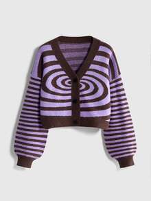 ROMWE Grunge Punk Dark Gothic Cherry Skull Embroidery Contrast Color Short Loose Knit Cardigan - Purple - View 1